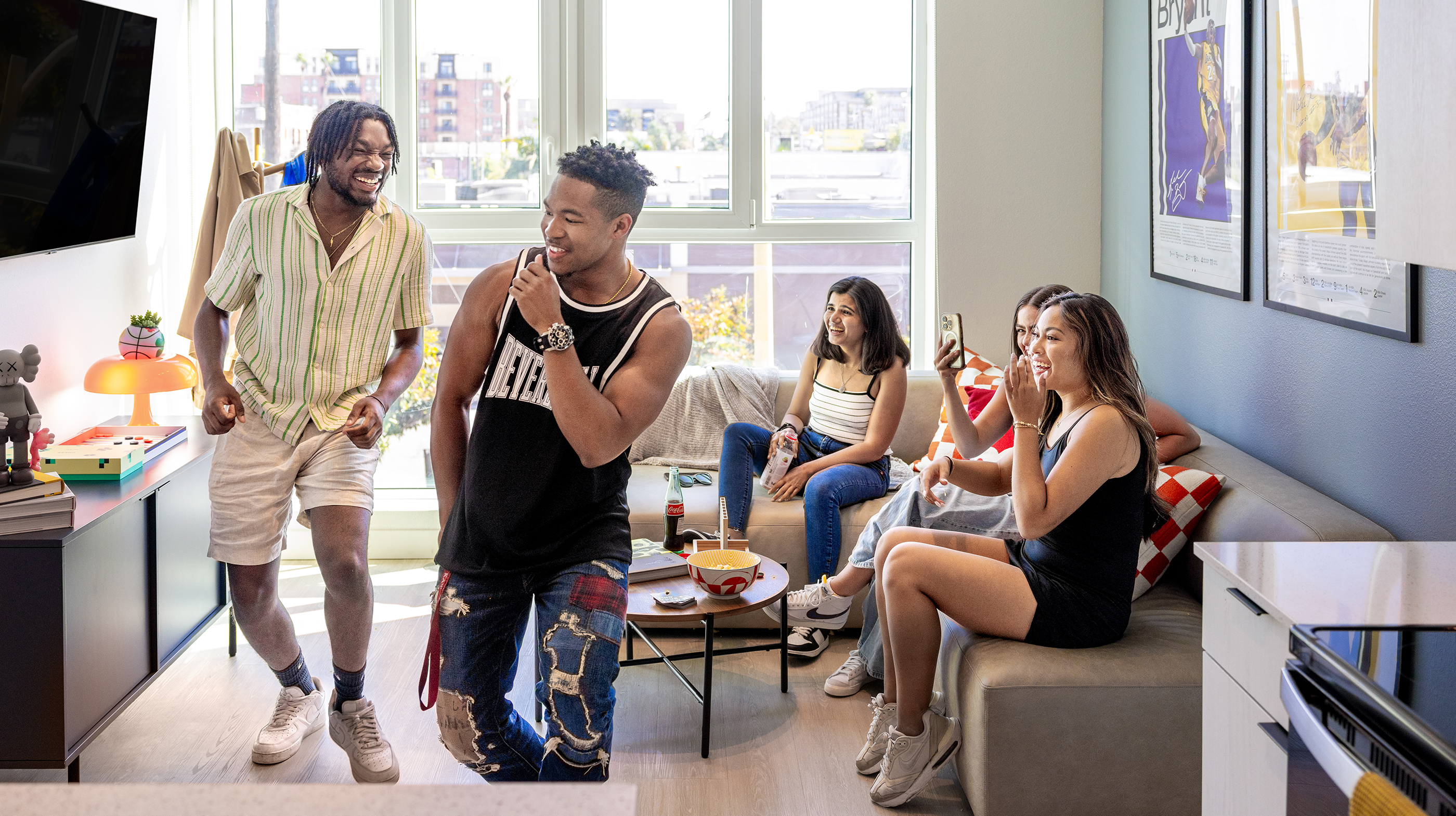 Friends hanging out in a living room
